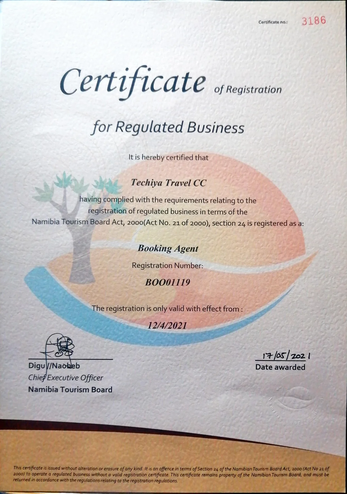 Namibia Tourism Board certificate of registration for regulated business, issued to Techiya Travel CC as a Booking Agent, registration number BOO01119